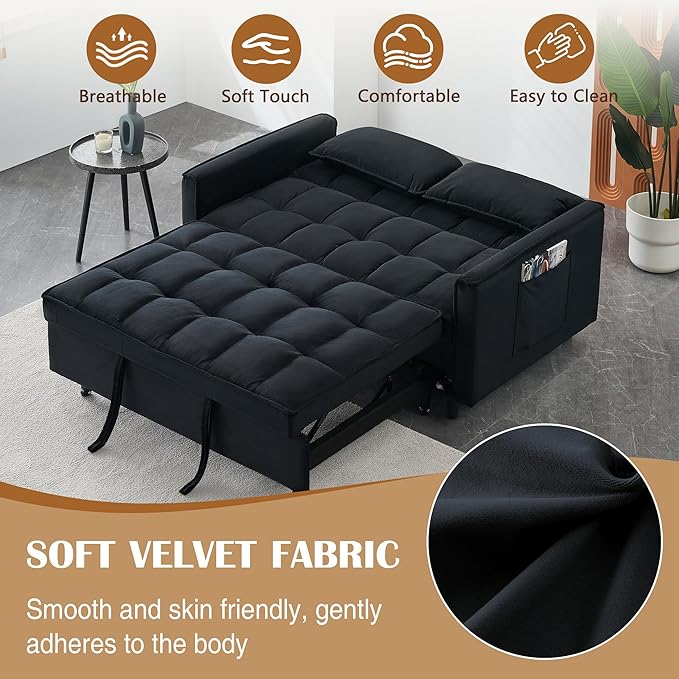 3 in 1 Convertible Sleeper Sofa Bed Modern Velvet Loveseat Pull-Out Couch Futon Love Seat Lounge Sofa with Pull-Out Bed &amp Adjustable Backrest and Side Pocket for Small Apartment Bedroom