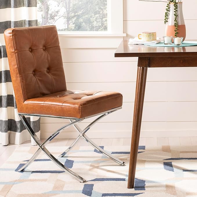 Safavieh Home Walsh Light Brown Faux Leather and Chrome Tufted Side Chair