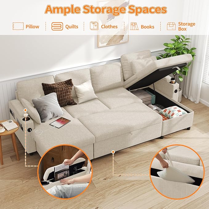 DURASPACE 104.3'' Sleeper Couch Pull Out Sofa Bed 2 in 1 Convertible Sofa Sleeper with Storage U Shaped Sectional Couch Bed for Small Spaces Living Room Bedroom Apartment (Beige)