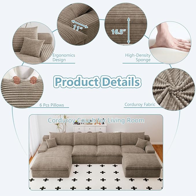 136 Cloud Sectional Couch with U-Shaped ChaiseCorduroy Viral Boneless Sofa with OttomanMemory Foam Couches in a Box with Deep Seat for Living RoomNo Assembly Required (CamelLeft-Facing Chaise)