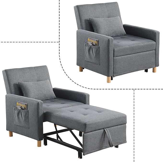 Sleeper Sofa Chair Bed 3-in-1 Single Convertible ChairMulti-Functional Sleeper Chair with Soft Fabric for Living Room Dorm Apartment Bedroom or Office (Drak Grey)