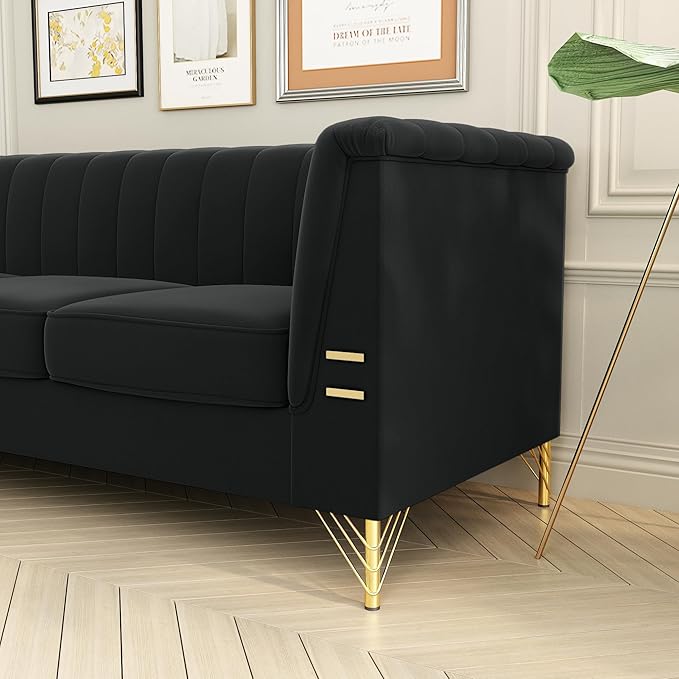 83.46 W Black Velvet Sofa Couch with Metal Gold Legs 3-Seater High Arm Upholstered Sofa for Living Room Bedroom Office (Black)