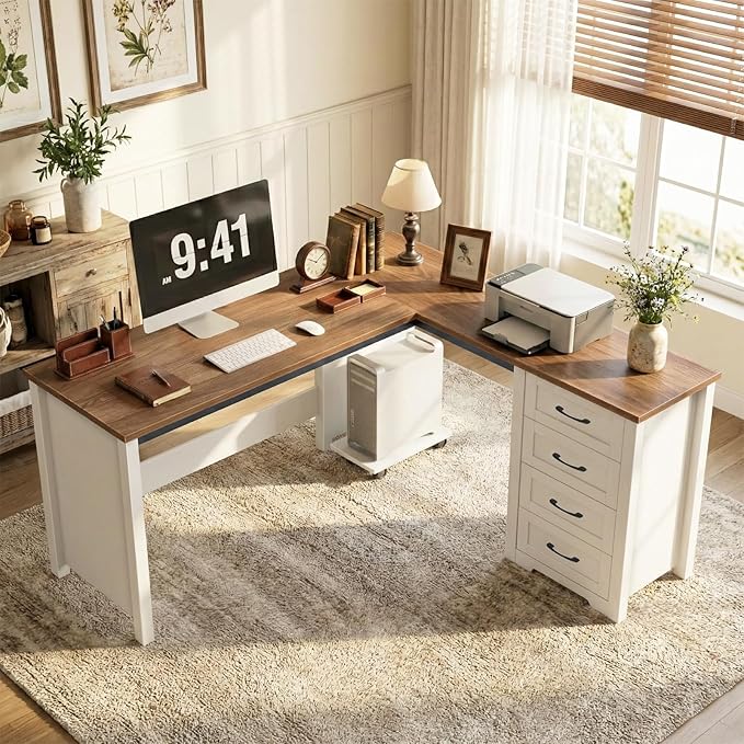 Vabches 61”Farmhouse L Shaped Executive Desk with Drawers Corner Computer Desk with Mobile CPU Stand Wood Writing Computer Desk for Work Study