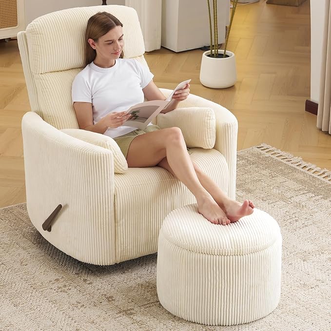 Oversized Swivel Rocker Recliner Chair with Massage and Heat Manual Swivel Glider Rocker Recliner with 2 Pillows Rocking Nursery Chair with Storage Ottoman Adjustable HeadrestCorduroy Beige