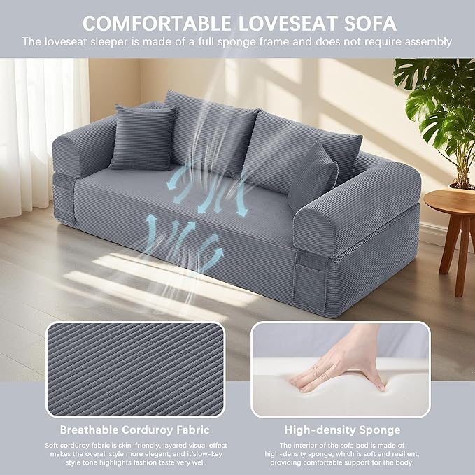 83 Modern Sofa in a Box No Assembly Oversized 3 Seater 28 Deep Seat Cloud Sofa Bed Couch with 4 Furry Pillows &amp Corduroy Fabric Boneless Couch with Side Storage Pockets for Living Room Dark G