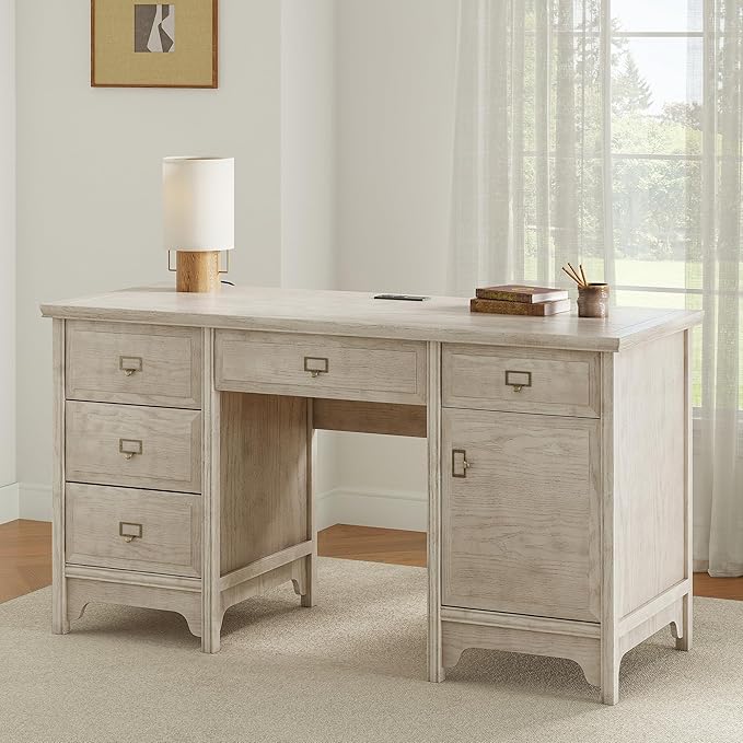 55 Farmhouse Executive Desk Solid Wood Painted Home Office Desk with Charging Station 5 Drawers Storage Cabinet Computer Writing Table for Work Study Writing Grey