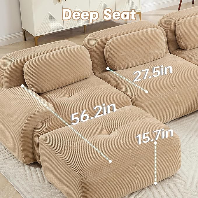 152.7 Inch Modular Sectional Sofa 4-Seater Cloud Couch with Deep Seat Boneless Couch with Pillows for Living Room Apartment Camel