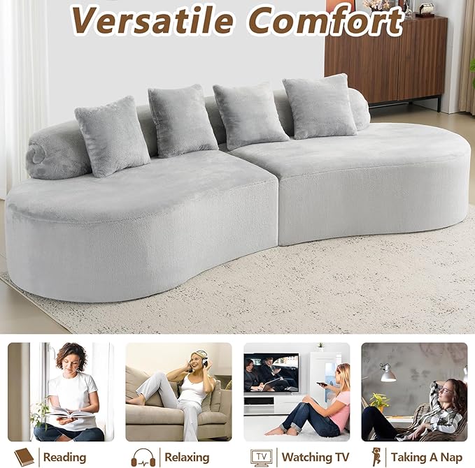 112 Grey Curved Boneless Couch with Cushions Modern Cloud Sofa for Living RoomChenille Sectional Minimalist Deep Seat Luxurious No Assembly