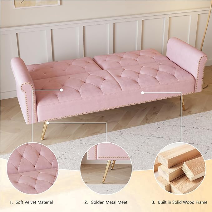 69.7'' Convertible Velvet Sleeper Sofa Bed Upholstered Futon Couch with Nail Head Trim and 2 Matching Throw Pillow for Living Room Bedroom Home Office (Pink)