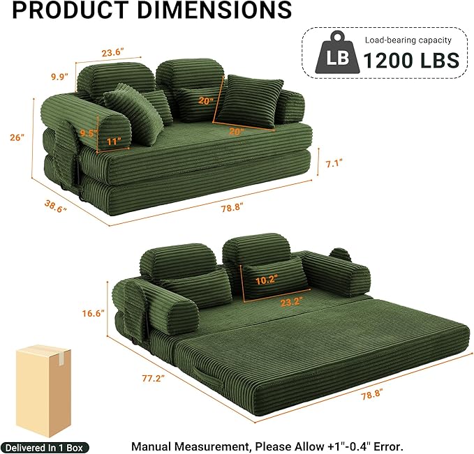 79 Boneless Couch with High Backrest Headrest Comfy Modular Foldable Floor Sleeper Sofa 5-in-1 Convertible Sofa Bed for Living Room Bedroom Lounge Studio Light Green