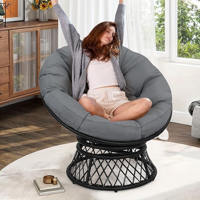 40 Ergonomic Wicker Papasan Chair 360° Swivel Indoor Outdoor Rattan Chair with Soft Thick Cushion Ideal for Living Room Bedroom Reading Room Black Frame with Dark Grey Cushion