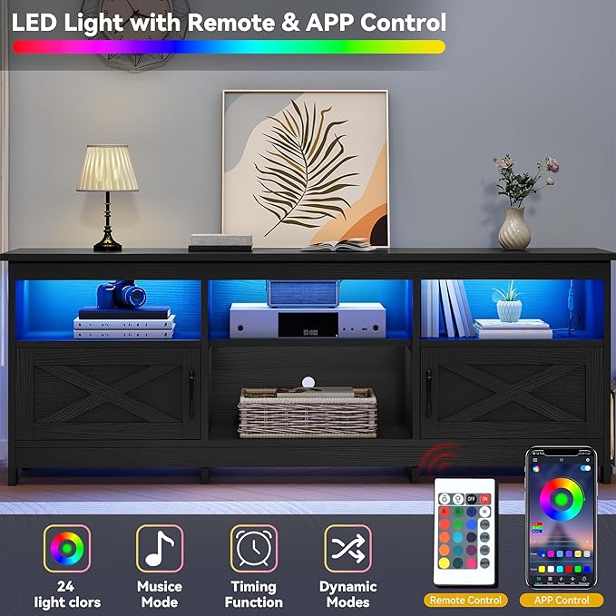 DWVO Farmhouse TV Stand with Power Outlets &amp LED Lights Entertainment Center for TVs up to 80 TV Console with Storage Cabinets &amp Open Shelves for Living Room (Black)