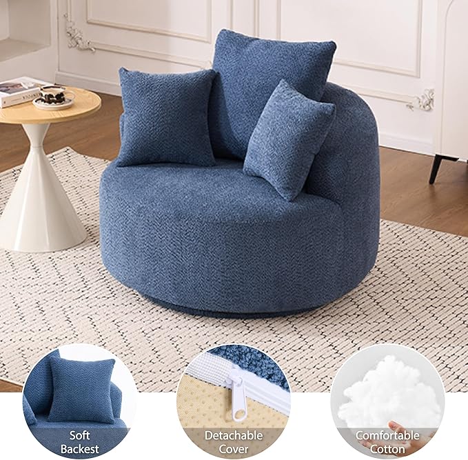 Modern 39 Swivel Barrel Chair Comfy Boucle Upholstered Accent Chair with 360° Rotation Single Sofa with 3 Pillows Ergonomic Design for Living Room Bedroom Office Antique Blue