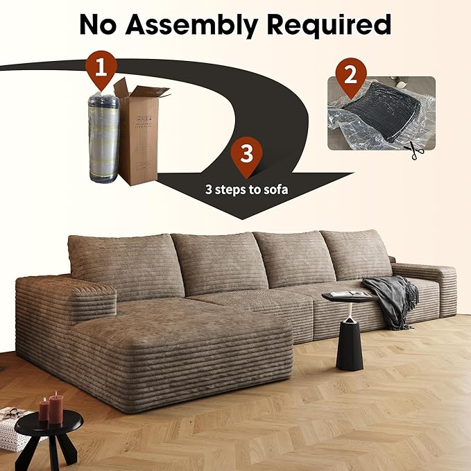 135 Corduroy Boneless Sectional Couch with Chaise No Assembly Required L Shaped Modular Sectional Sofa Boneless Couches for Living Room (Camel 4 Seater+Left Facing Chaise) | Compression Fluffy