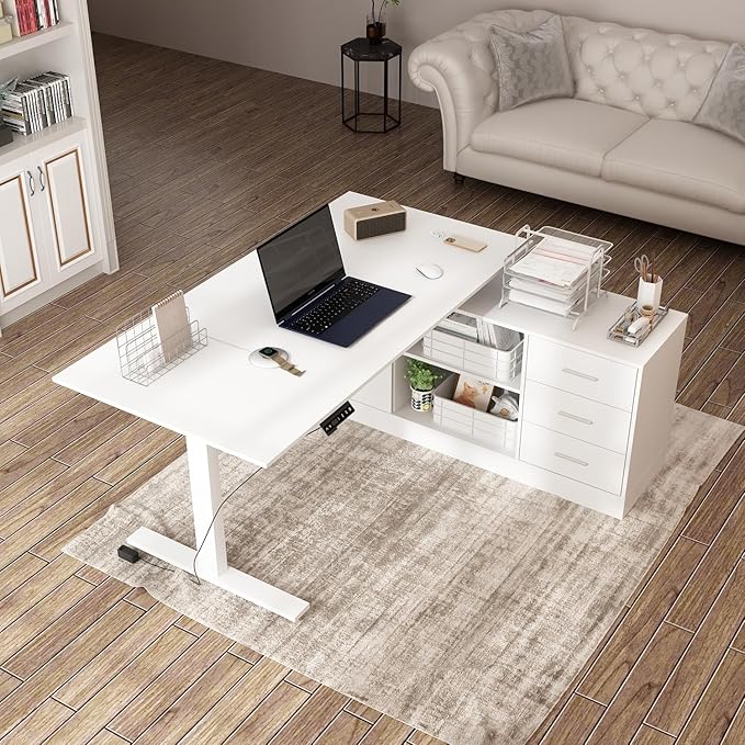 63 W L Shaped Standing Desk with Cabinet Electric Height Adjustable &amp Reversible Corner Computer Desk with Drawers &amp Storage Shelves for Home Office White