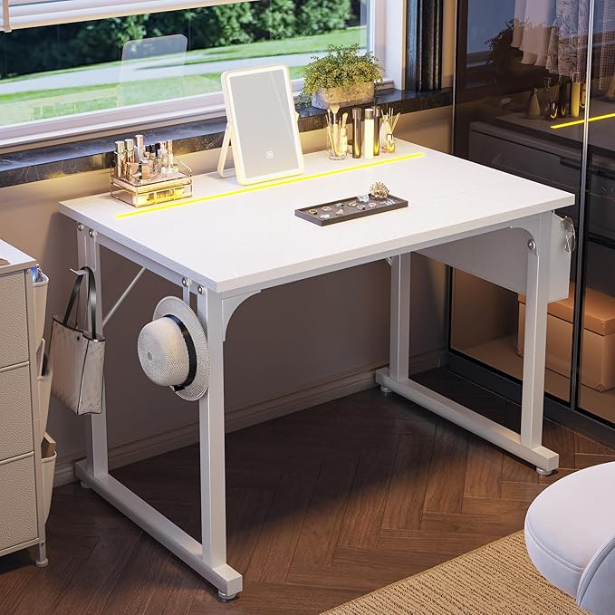 32 Inch White Computer Desk with LED Lights for Small Spaces Office Desk for Home Office Gaming Study Desk Writing Table with Storage BagDesk with Frame Headphone Hook