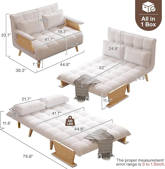 JASIWAY Convertible Sleeper Chair for Small Spaces 3-in-1 Convertable Single Chair Bed for Adults Fold-Out Futon Sofa Sleeper that Turn into Beds Adjustable Backrest(76.8 D X 44.8 W)