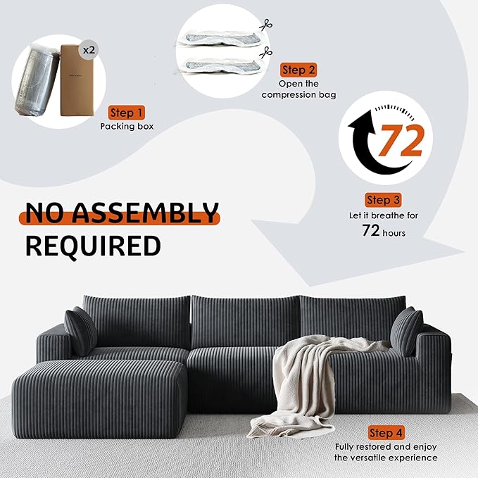 108 Cloud Couch Modular Sectional Sofa for Living RoomL Shaped Boneless Couch with Deep Seat ChaiseNo Assembly Required Foam Sleeper Sofa for ApartmentsPlush Corduroy Fabric Dark Gray