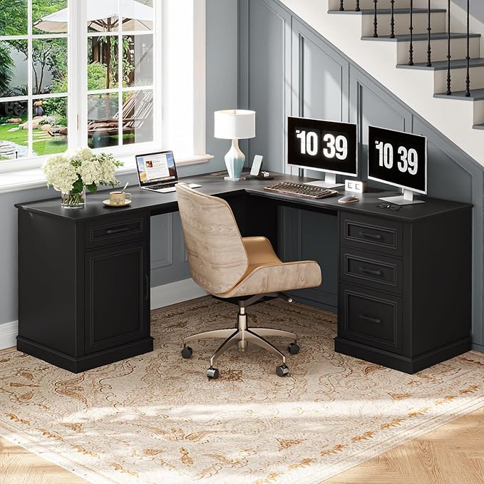 Vabches Farmhouse 59 L-Shaped Executive Desk with Drawers Wood Home Office Corner Desk with Charging Station File Drawer Storage Cabinet Rustic Computer Writing Desk for Home Office(Black
