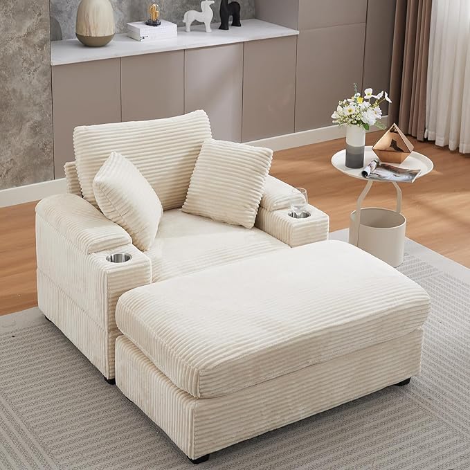 42.12” Oversized Accent Chair with Ottoman &amp Armrest Storage Modern Corduroy Reading Chair with Cup Holder &amp Pillow Comfy Upholstered Deep Seat Armchair for Living Room Bedroom(Beige)