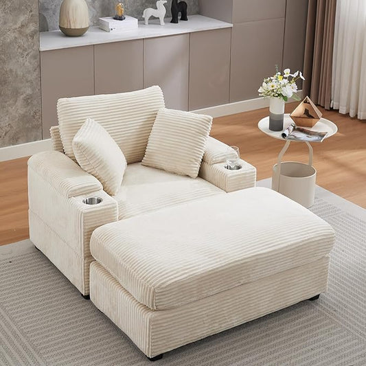 42.12” Oversized Accent Chair with Ottoman &amp Armrest Storage Modern Corduroy Reading Chair with Cup Holder &amp Pillow Comfy Upholstered Deep Seat Armchair for Living Room Bedroom(Beige)