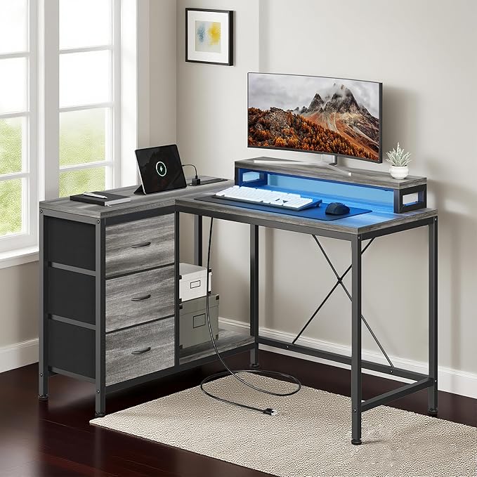 Garvee L Shaped Computer Desk with Power Outlets LED Lights Drawers Shelves Corner Gaming Desk Home Office Workstation Modern Ergonomic Design Oak