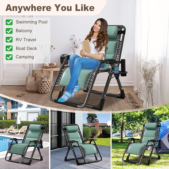 DoCred Comfy Folding Recliner Chair for Bedroom &amp Living Room Ice Touch Folding Reclining Patio Lounge Chair with Removable Tray for Indoor Outdoor