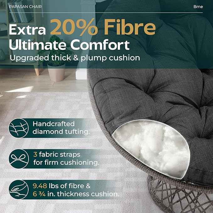 Bme 46 Large Size Ergonomic Wicker Papasan Chair with Soft Thick Density Fabric Cushion Bee-Designed Base High Capacity Steel Frame 360 Degree Swivel for Living Bedroom...