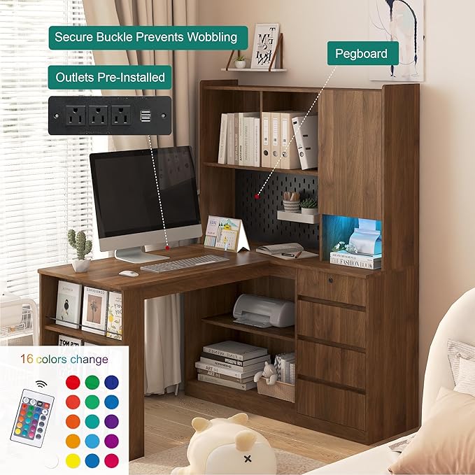 Farmhouse L Shaped Office Desk with Hutch and Bookshelf Corner Computer Desk with Drawers and LED Light Space-Saving Workstation Design Wood