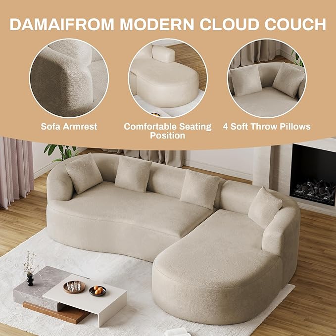 111 Oversized Sectional Sofa with Right Chaise for Living Room Modern Luxury Chenille 4-Seater Couch Extra Deep Seat L-Shape Curved Cloud Couch with 4 Throw Pillows Light Brown