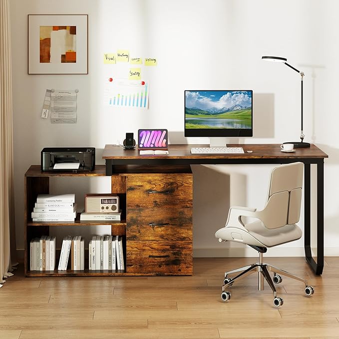 GOFLAME Reversible L Shaped Computer Desk with Charging Station 55” Home Office Desk with 3 Drawers 3-Level Adjustable Shelf Convertible Study Writing Desk for Small Space Rustic Brown