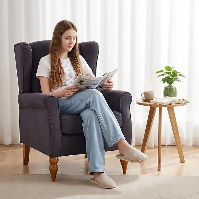 Modern Wingback Living Room Chair Upholstered Accent Armchair Single Sofa Chair with Lounge Seat and Wood Legs for Office/Bedroom/Reading Spaces Dark Grey