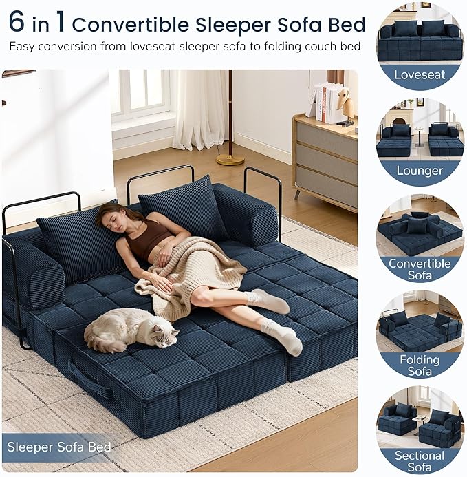 6-in-1 Convertible Sleeper Sofa Bed Corduroy Folding Mattress Couch with Fixed-Shape Frame Modular Foldable Boneless Couch Loveseat Couches with 2 Pillows for Living Room Bedroom Orange