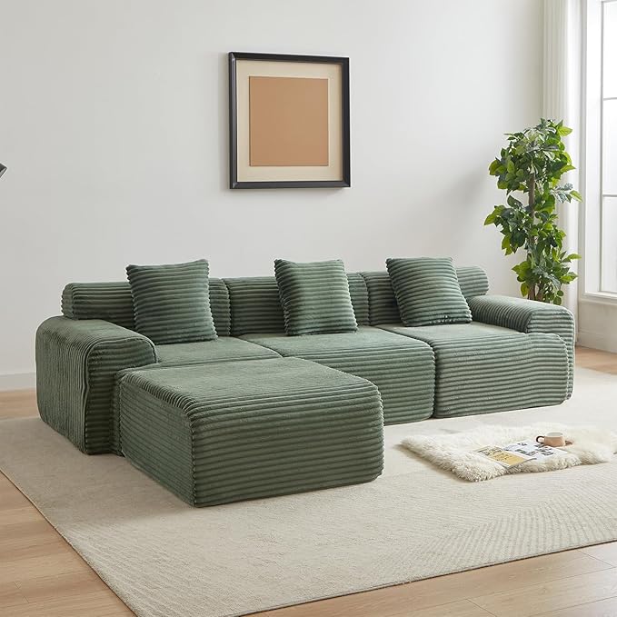 114-inch Oversized Modular Sectional Sofa Fluffy Boneless Compressed Memory Foam Corduroy Couch Comfy Modern L Shaped Couches with Ottoman &amp Pillows for Living Room Apartment Bedroom Green