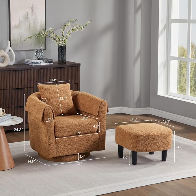 Swivel Accent Chair with Ottoman Modern Chenille Comfortable Bucket Chair with Removable Pillow Small Couch Barrel Armchair for Small Spaces Living Room Bedroom Office (Yellow)