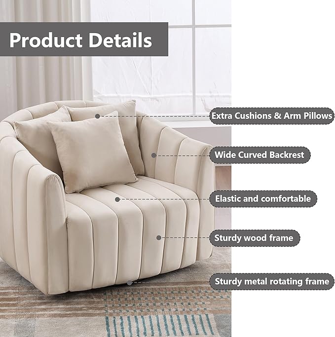 Modern Accent Chair with 3 PillowsBeige Swivel Barrel Chairs for Living RoomOversized Barrel Chair 360 (Beige + Velvet)