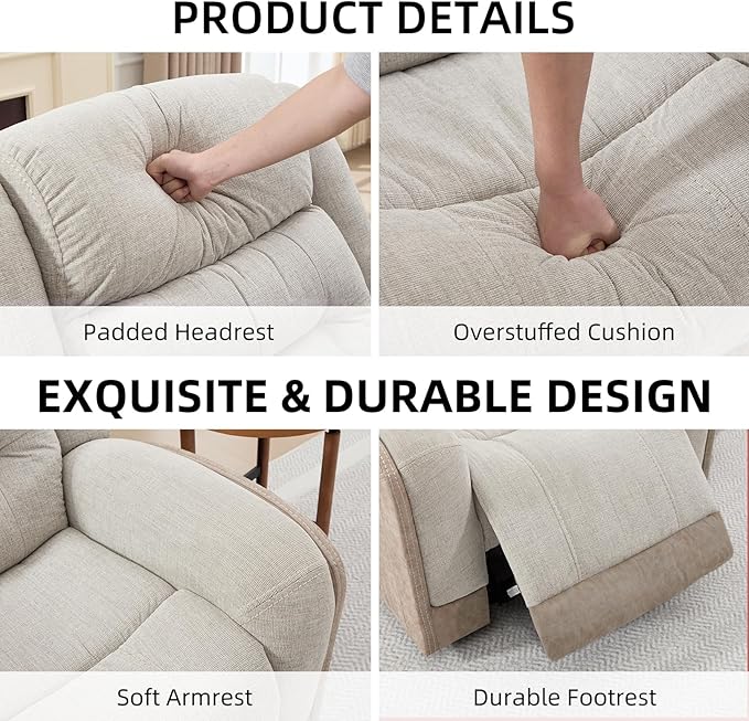 EBELLO 3-Seater Reclining Sofa Extra-Wide Manual Recliner with Padded Arms &amp Cushioned Seat Breathable Fabric and Faux Leather Design for Living Room or Home Theater Beige