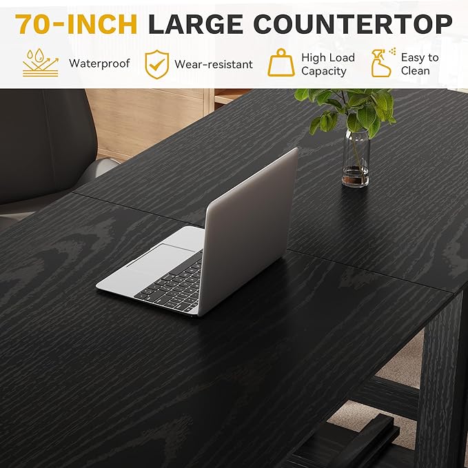 DWVO 70 Inch Computer Desk Large Executive Office Table Workstation Modern Farmhouse Style Laptop Wooden Sturdy Legs Writing Desk Business Furniture for Home Black