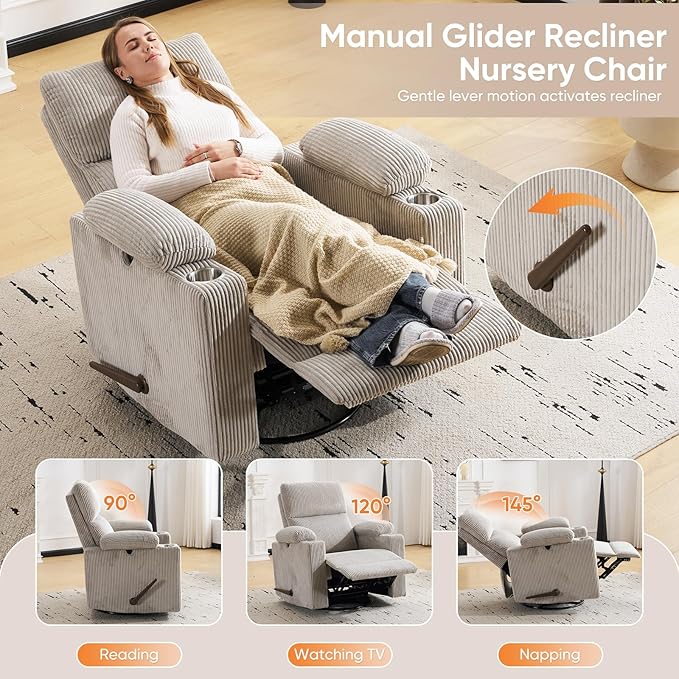 Swivel Rocker Recliner with Adjustable Armrests Rocking Nursery Chair with Adjustable Headrest Cup Holder Manual Recliner Nursing Chair for Breastfeeding Corduroy Grey