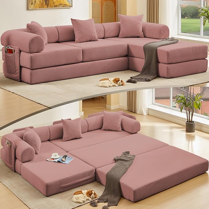 L Shaped Convertible Modular Boneless Sofa Bed with Cylindrical Pillow Corduroy Folding Floor Sofa Couch Bed with Fixed-Shape Frame &amp Storage Pocket for Living Room Pink