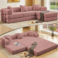 L Shaped Convertible Modular Boneless Sofa Bed with Cylindrical Pillow Corduroy Folding Floor Sofa Couch Bed with Fixed-Shape Frame &amp Storage Pocket for Living Room Pink