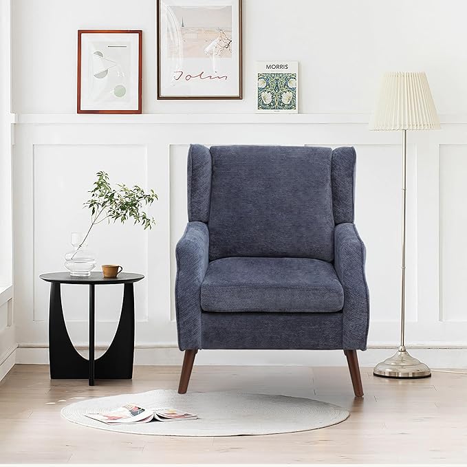 Accent Chair for Living RoomMid Century Modern Wingback Chair for BedroomUpholstered Armchair with Lounge Seat and Wood Legs for Office Apartment Small Room 1PCS Blue