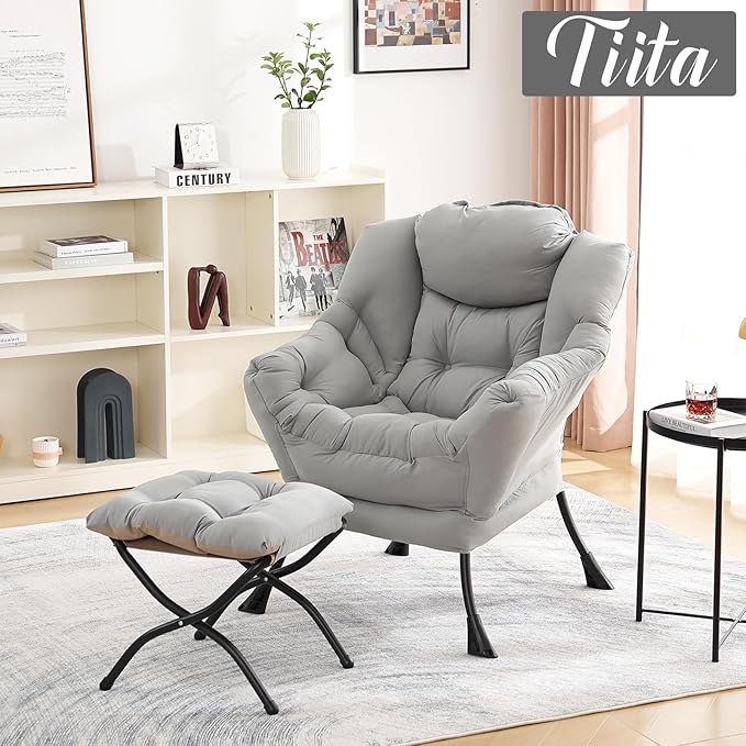 Tiita Lazy Chair with Ottoman Light Grey Modern Large Accent Chair Comfy Leisure Sofa Armchair with Ottoman Reading Chair with Footrest for Bedroom Living Room Dorm Rooms Peach Light Grey