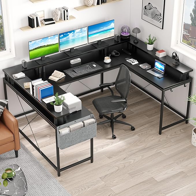 Jojoka U Shaped Computer Gaming Desk Reversible L Shaped Desk with Power Outlets LED Strip &amp Monitor Stand Large Corner Desk with Storage Shelves for Home Office Black