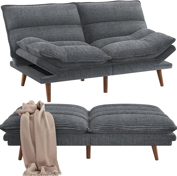 Pipishell Futon Sofa Bed Convertible Futon Adjustable Backrest &amp Armrests Corduroy Sleeper Couch for Small Spaces Living Room Office Guest Room (Asphalt Grey 66 Inch)