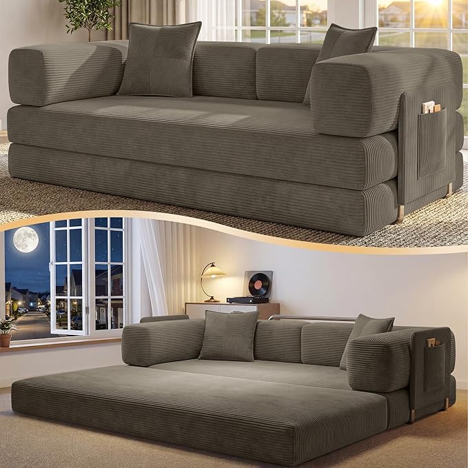 78.8 Convertible Futon Sofa BedCorduroy Futon Couch with Storage PocketFolding Pull Out SofaNo Assembly Boneless Couch for Living RoomBrown