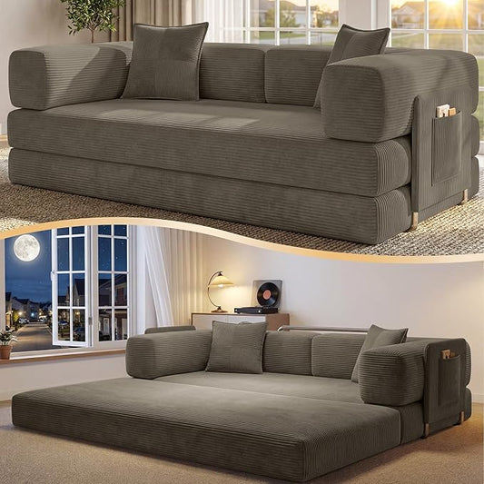 78.8 Convertible Futon Sofa BedCorduroy Futon Couch with Storage PocketFolding Pull Out SofaNo Assembly Boneless Couch for Living RoomBrown