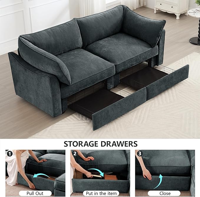 Modern Style Loveseat Sofa with Pull Out Storage Drawers Under Each Seat 2-Seat Couch with Excellent Storage Space Suitable for Small Living Rooms