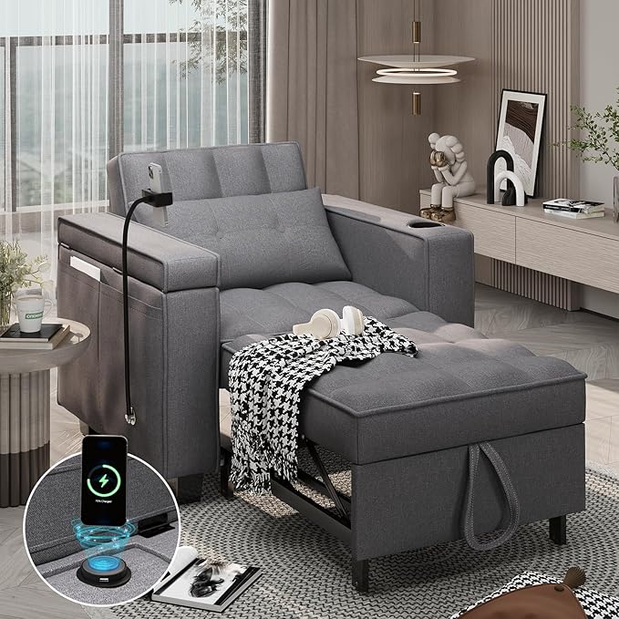 3-in-1 Convertible Chair Bed Sleeper with Phone Holder Pull Out Sofa Bed with USB &amp Type C Port and Wireless Charging Reading Chair with Adjustable Backrest for Living Room