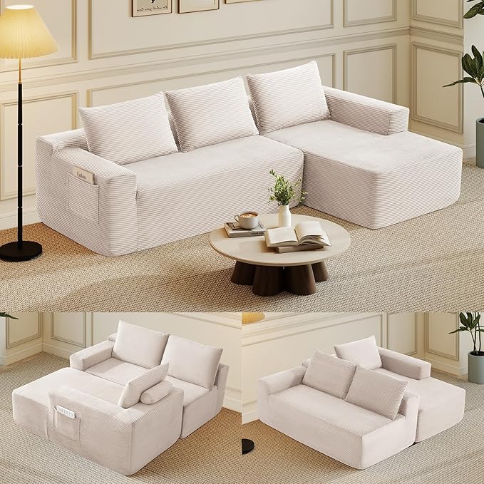 Rovibek 97” Couches for Living Room Modular Sectional Sofa with Chaise &amp Deep Seat Comfy Corduroy Boneless Couch No Assembly Required White